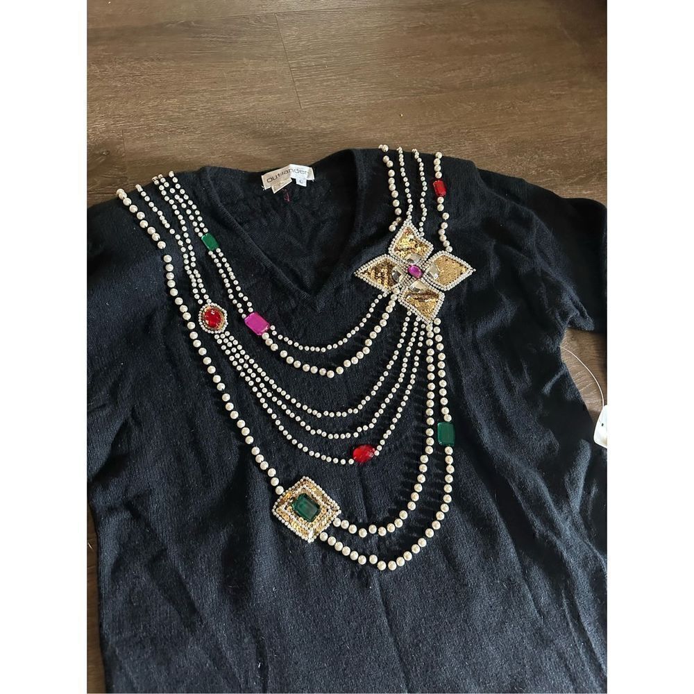 Vtg 90s Outlander Women’s Black Angora Rabbit Hair and Silk Blend Jewels Beads L